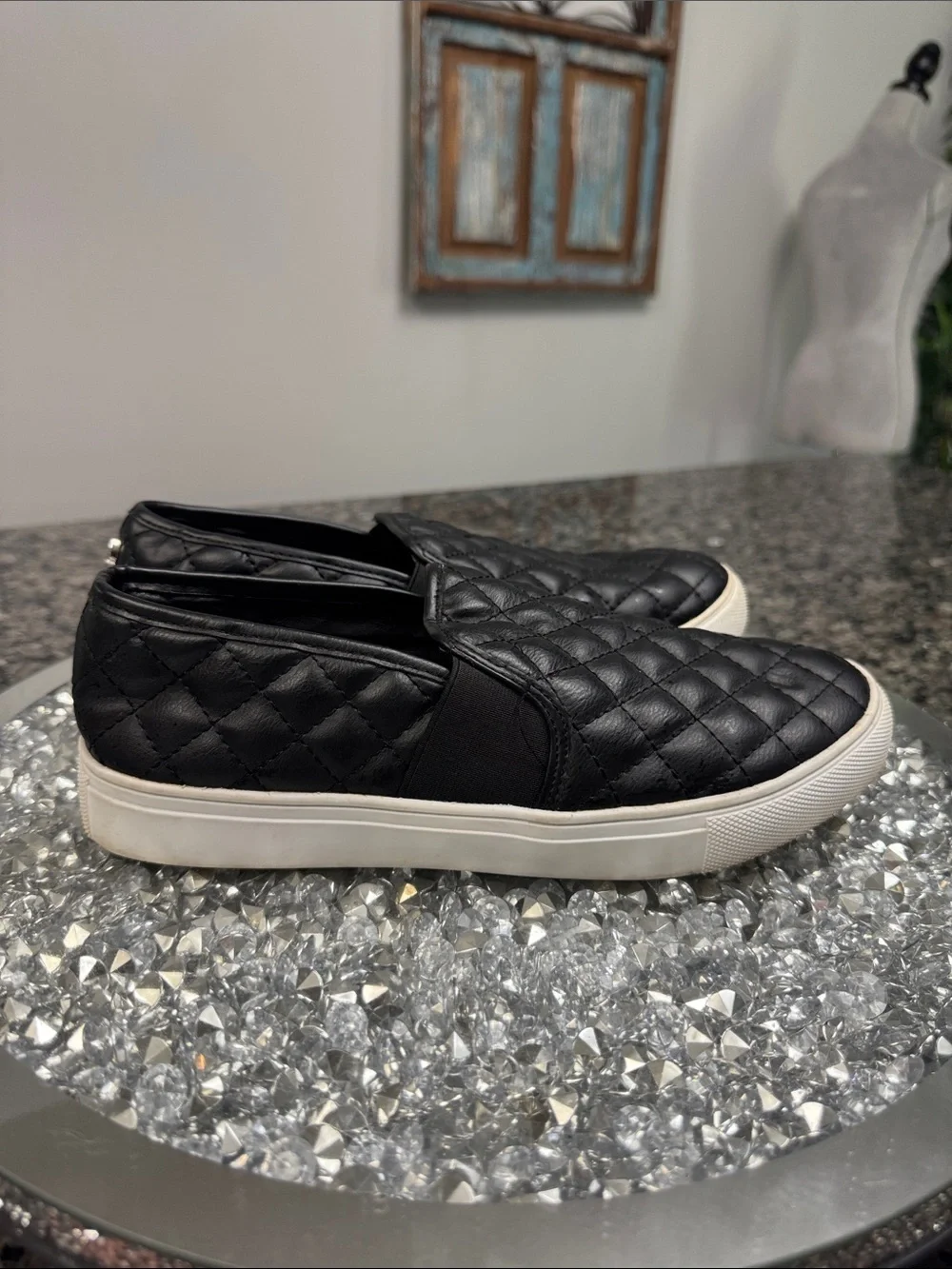 Steve Madden Black Quilted Slip-On Sneakers with White Sole 8.5